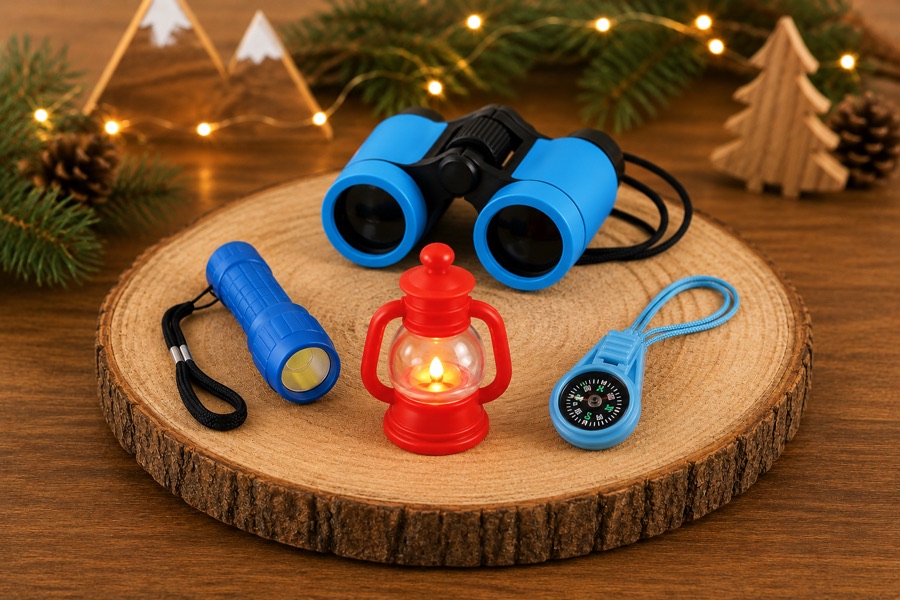 Binoculars, flashlight, lantern and compass