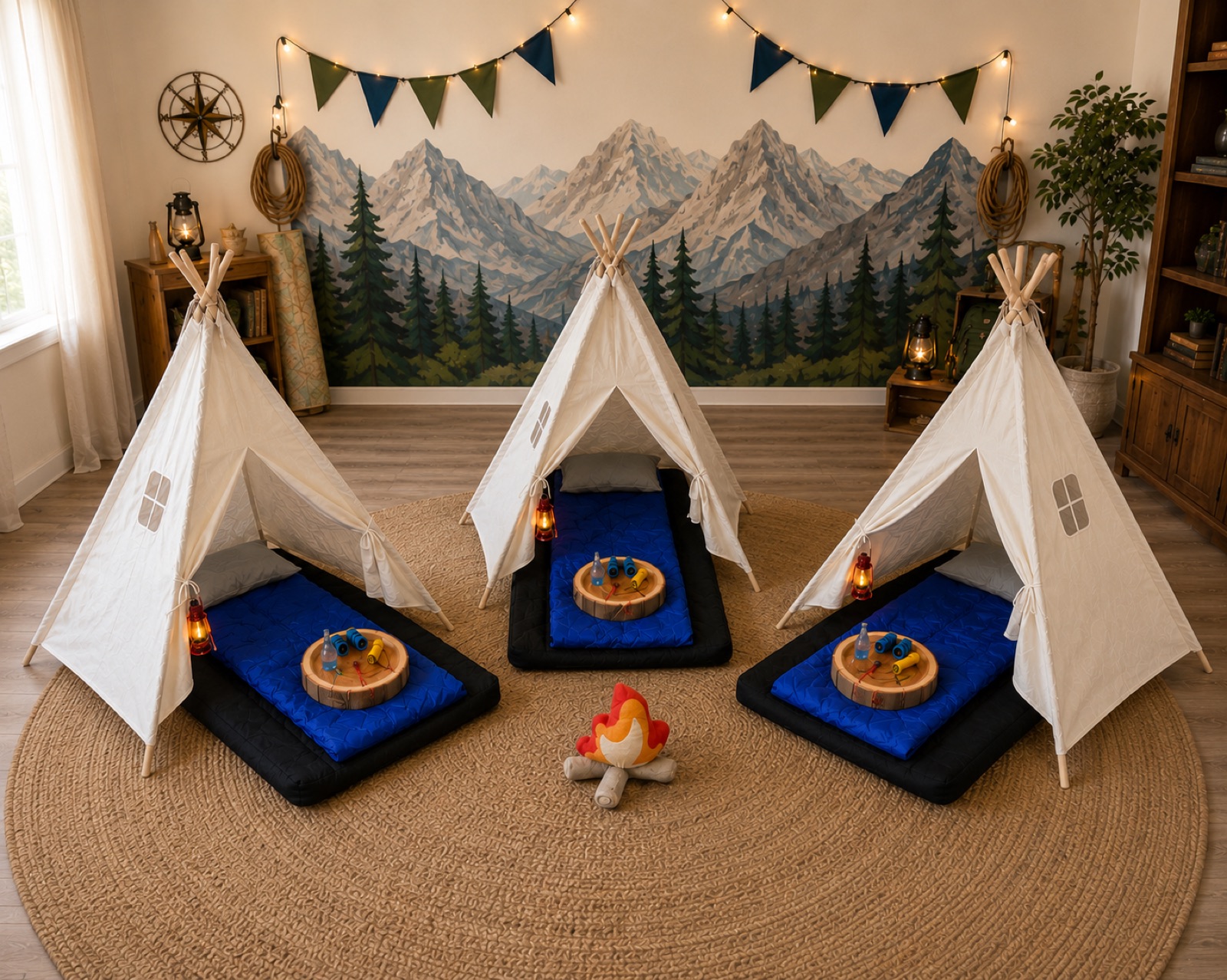 Three Base Camp teepees with blue sleeping bags, wood slab pillows and a cloth campfire in front of a mountain mural
