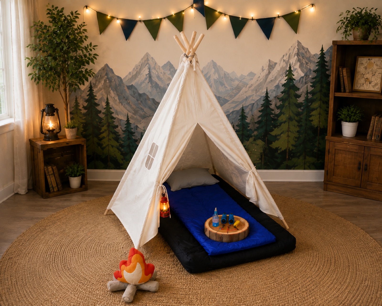 One Base Camp teepee with sleeping bag and lantern