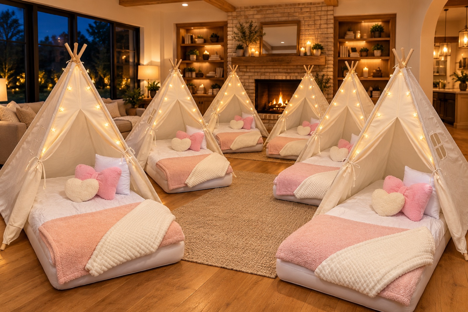 Six white Cotton Candy tents with pink blankets around a fireplace