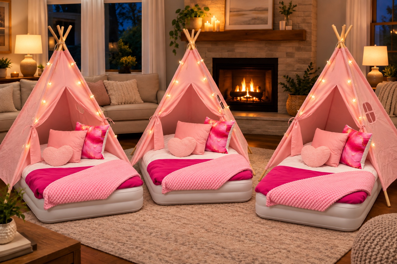 Pink tents with raised twin air mattresses