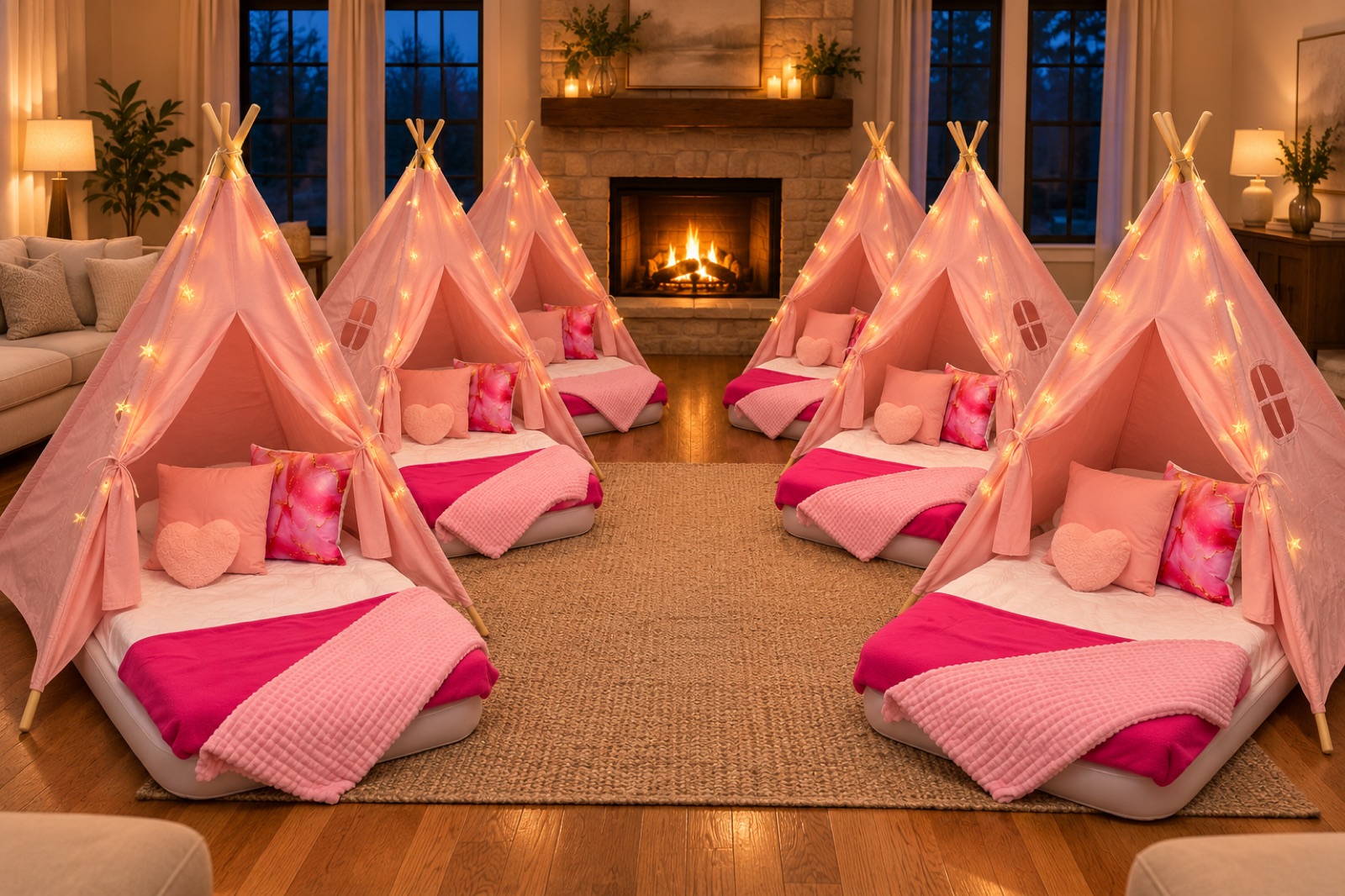 Six pink sleepover tents with twin air mattresses and twinkle lights around a fireplace